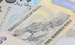 Close up to 200 Rial or Riyal of the Republic Jemen. Paper banknotes of the Arabic country. Detailed capture of the front art photo