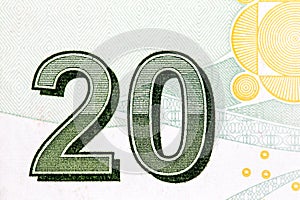 Close up to 20 on twenty liras bill