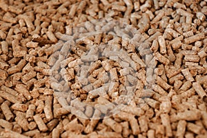 Close up to Wood Pellet pile for alternative energy power, raw material background