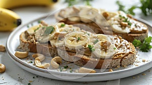 Close-Up of Toast with Creamy Nut Butter, Banana Slices, and Cashews on a Pristine White Table