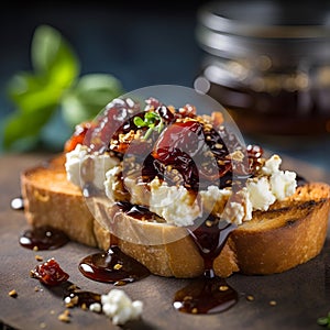 Close up of toast with feta cheese and sun dried tomatoes or sun dried plums with balsamic sauce on dark background. Tasty