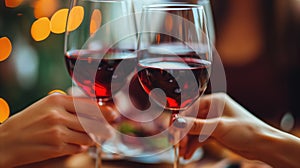 Close-up of a toast with red wine glasses in a warmly lit social setting.