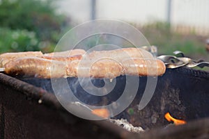 Close up of toasted sausages on skewers. Succulent kupaty roasting on chargrill. Concept of picnic outdoor.