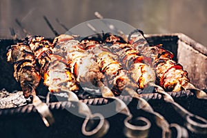 Close up of toasted shashlik on skewers. Succulent barbecue roasting on chargrill. Concept of picnic outdoor