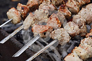 Close up of toasted shashlik on skewers. Succulent barbecue roasting on chargrill. Concept of picnic outdoor