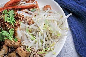 Close up tofu,bean sprout,sausage,crab stick and coriander in Chinese Steamed Rice Noodles with sweet soy sauce in white plate.