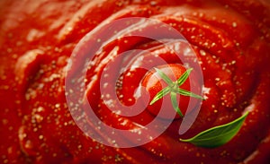 Close up of tomato sauce texture with a cherry tomato and one laurier leaf. Spacy text
