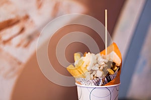 Close-up of tomato Spicy sauce and Fresh French fries, deep fried Homemade Baked potato chips with close-up of spicy sauce and