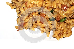 Close Up of Tomoto Based Orzo Rice Sauce Dinner Snack Dish on a White Background