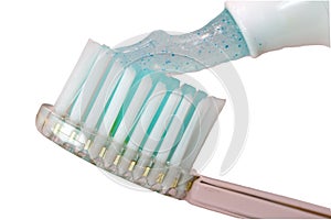 Close-up tooth-brush with transparent tooth-paste