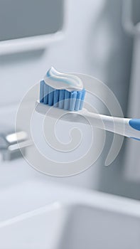 Close-up of toothbrush with toothpaste in bathroom