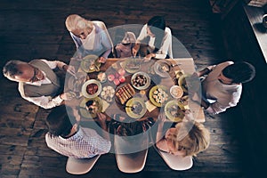 Close up top above high angle view photo people family weekend thanksgiving conversation members brother sister granny