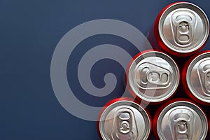 top of aluminium red cans soft drink put on blue texture background