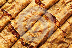 Close up, top down view of homemade, delicious filo pastry dessert, tikvenik, filled with pumpkin, walnuts, cinnamon and sugar.