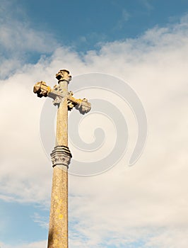 Close up of top of english cross statue commemorating soldiers w