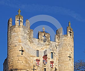 Close up of the top of Micklegate Bar the 12 century gatehouse and southern entrance to the city of york