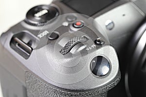 Close up top panel of hi-end Digital Camera, Mirrorless Digital Camera.