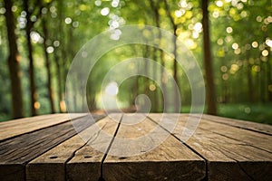 Close up Top Table Wooden Textute Perspective On Bokeh Tree Blur Background photo
