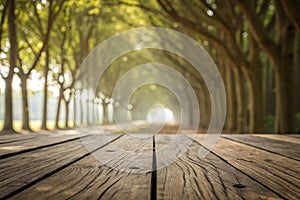 Close up Top Table Wooden Textute Perspective On Bokeh Tree Blur Background photo