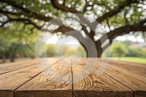Close up Top Table Wooden Textute Perspective On Bokeh Tree Blur Background photo
