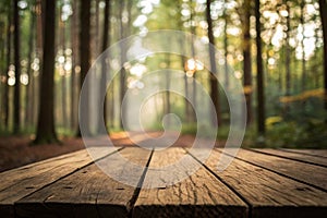 Close up Top Table Wooden Textute Perspective On Bokeh Tree Blur Background photo