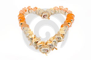 Close-up top view of Asian  sushi rolls set isolated on on white background.