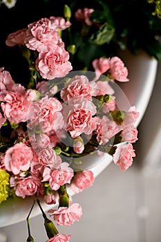 Close-up top view of bunch of pink carnation flowers.