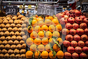 Close up, top view. Different multicolor fruits on the counter at a Spanish bazaar