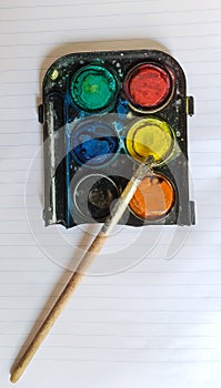 close up top view of a dry cracked messy water paint palette