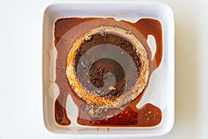 Close-up top view of a flan creme caramel pudding