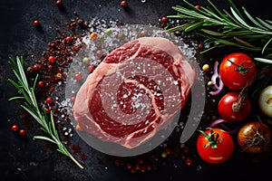 Close-up top view of ingredients Chuck Eye Steak on a table. AI Generated