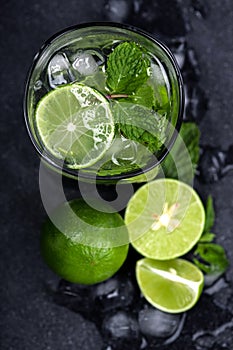 Close up top view or overhead shot of the fresh mojito cocktail