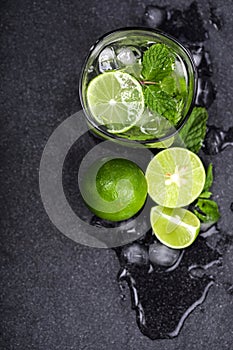 Close up top view or overhead shot of the fresh mojito cocktail