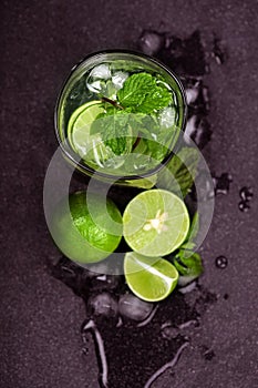 Close up top view or overhead shot of the fresh mojito cocktail