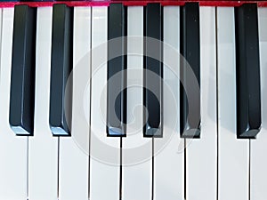 Close up top view of piano keys