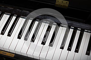 Close up top view of piano keys.