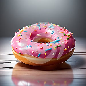 Close up top view of Pink Sugar Donut decorated with colorful sugar topping