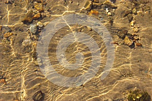 Close-up and top view of shiny transparent yellow sand on the beach with clear water. clear sea, the river reveals the