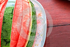 Close up top view style of peeled watermelon ready to eat.