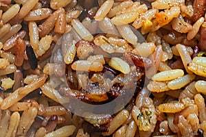 A close-up, top-view texture of Uzbek pilaf, a staple dish in Oriental cuisine with ample copy space for text or