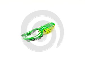 Close-up top view topwater frog lure bait for freshwater bass fishing isolated on white background