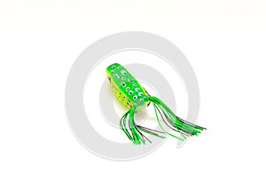 Close-up top view topwater frog lure bait for freshwater bass fishing isolated on white background