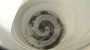 Close-up top view of unrecognizable male hands removes garbage from dust container of vacuum cleaner robot in trash can