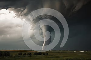 close-up of tornado, with lightning and storm clouds visible, threatening destruction