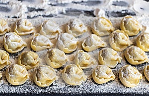 Close up of tortellini sprinkled with flour on a dark board.