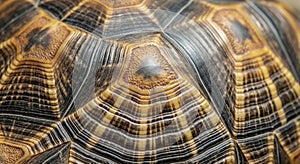 Close-up of a tortoise shell displaying intricate patterns and textures. The shell features