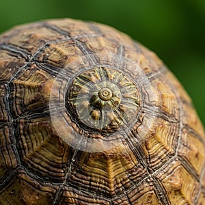 Close-up of a tortoise shell displaying its intricate, natural pattern. The shell features a