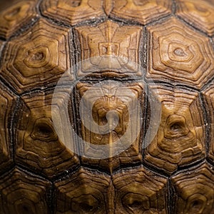 Close-up of a tortoise shell displaying its intricate patterns and textures. The shell
