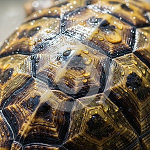 Close-up of a tortoise shell featuring hexagonal scutes with a textured surface. The