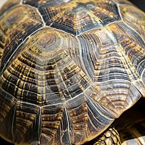 Close-up of a tortoise shell, showcasing the intricate geometric patterns and textures